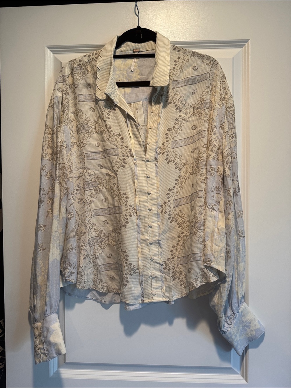 Free People Cream and Light Blue Floral Button-Up Top